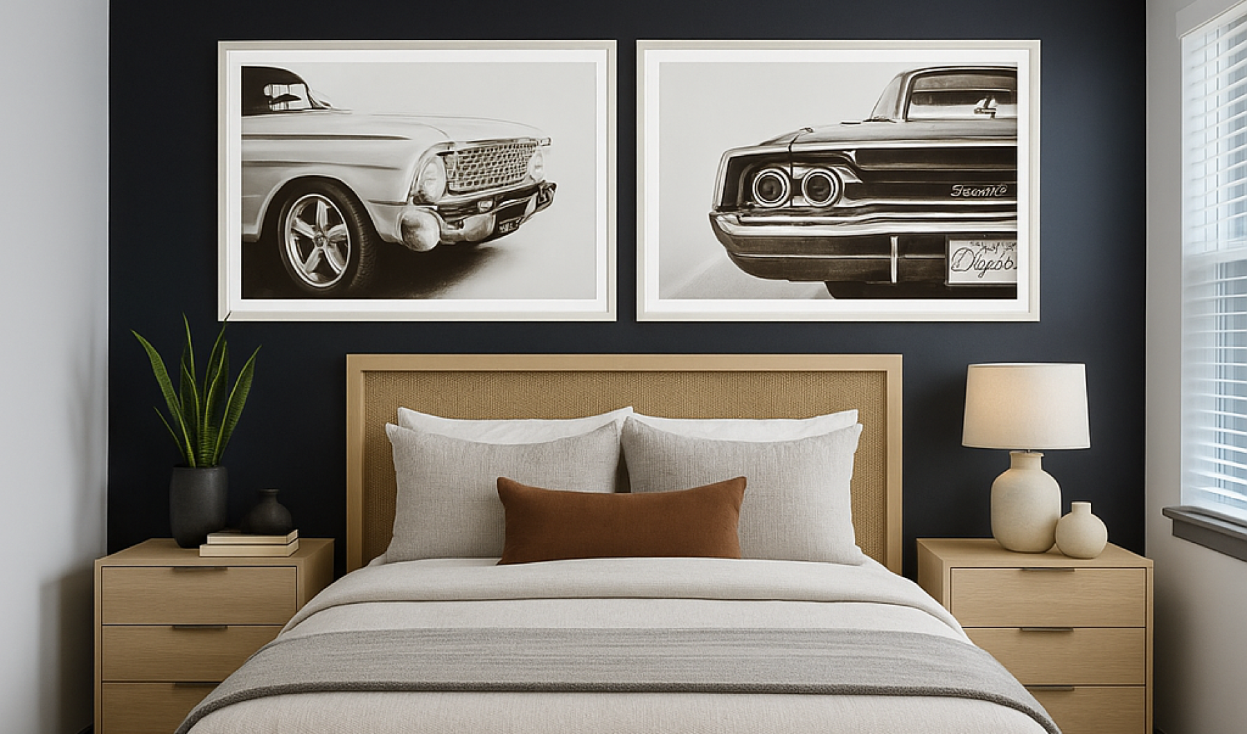 Wake up to luxury living in Speedway Staged apartment bedroom with car art above bed