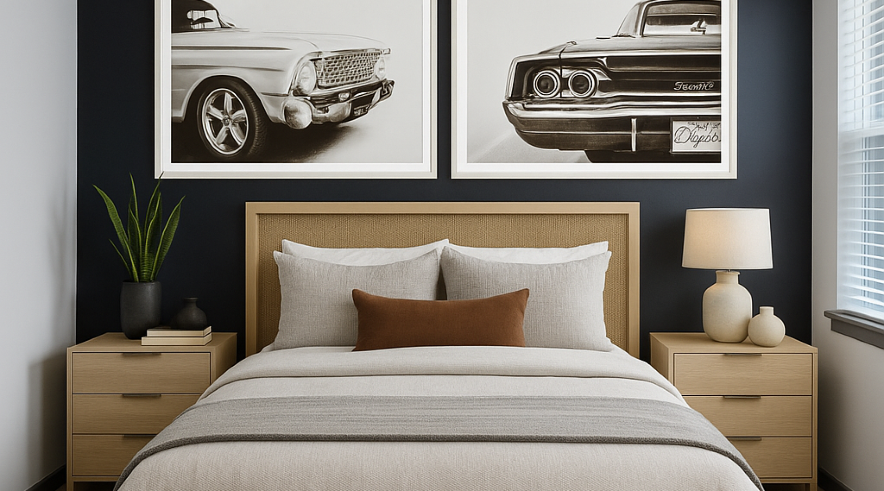 Staged apartment bedroom with car art above bed